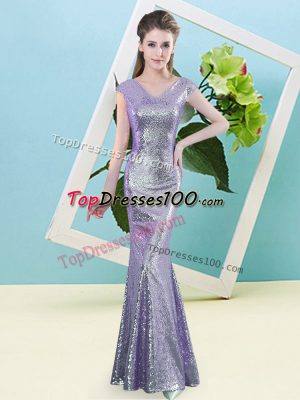 Floor Length Lavender Dress for Prom Sequined Cap Sleeves Sequins