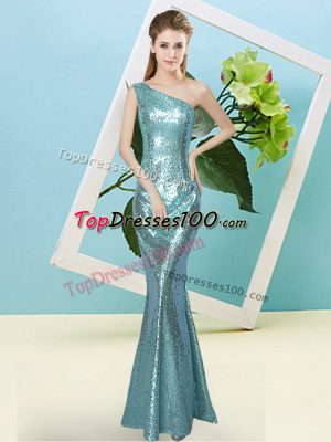 Mermaid Prom Gown Aqua Blue One Shoulder Sequined Sleeveless Floor Length Zipper