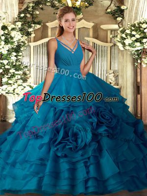 Pretty Blue Sleeveless Fabric With Rolling Flowers Backless Sweet 16 Dress for Military Ball and Sweet 16 and Quinceanera