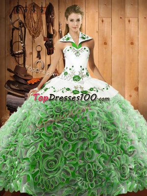 Organza and Fabric With Rolling Flowers Halter Top Sleeveless Sweep Train Lace Up Embroidery Quince Ball Gowns in Multi-color