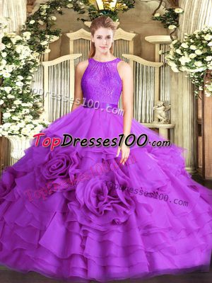 Glittering Eggplant Purple Sleeveless Fabric With Rolling Flowers Lace Up 15 Quinceanera Dress for Military Ball and Sweet 16 and Quinceanera
