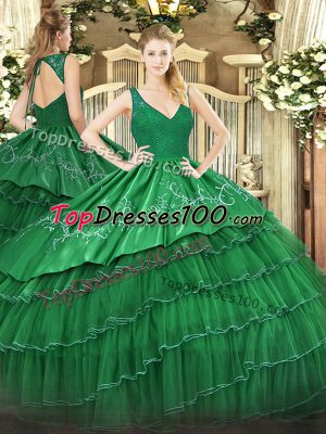 Beautiful Sleeveless Satin and Tulle Floor Length Zipper Quinceanera Gowns in Green with Beading and Embroidery and Ruffled Layers