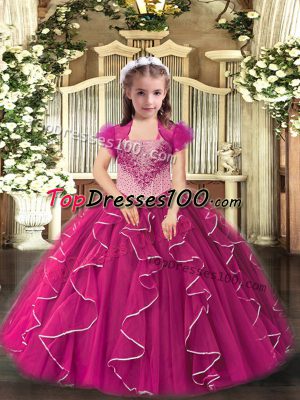 Luxurious Straps Sleeveless Child Pageant Dress Floor Length Embroidery and Ruffles Fuchsia Tulle