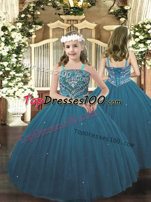 Teal Ball Gowns Tulle Straps Sleeveless Beading Floor Length Lace Up Kids Formal Wear