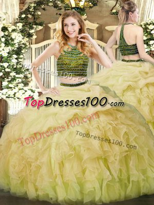 Sophisticated Organza Halter Top Sleeveless Zipper Beading and Ruffles Quinceanera Dresses in Yellow Green