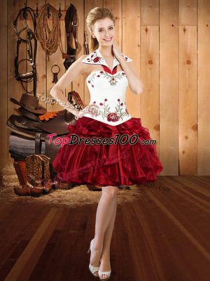 Customized Sleeveless Organza Mini Length Lace Up Dress for Prom in Burgundy with Embroidery and Ruffles