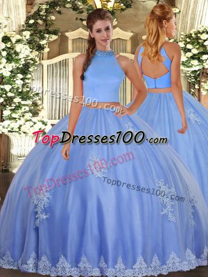 Top Selling Floor Length Backless Sweet 16 Quinceanera Dress Baby Blue for Military Ball and Sweet 16 and Quinceanera with Beading and Appliques