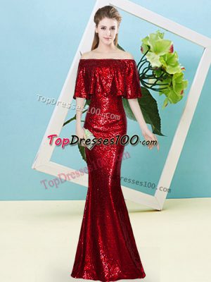 Fashion Wine Red Off The Shoulder Zipper Sequins Dress for Prom Half Sleeves