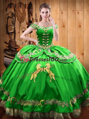 Green Ball Gowns Satin and Organza Off The Shoulder Sleeveless Beading and Embroidery Floor Length Lace Up Sweet 16 Quinceanera Dress