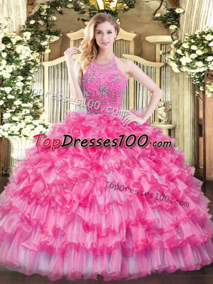 Vintage Halter Top Sleeveless Tulle Sweet 16 Dresses Beading and Ruffled Layers Zipper