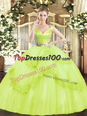 Fitting Yellow Green Tulle Zipper Sweet 16 Dresses Sleeveless Floor Length Beading and Appliques