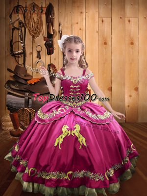 Hot Pink Sleeveless Floor Length Beading and Embroidery Lace Up Pageant Gowns For Girls