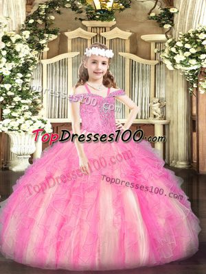 Custom Design Rose Pink Lace Up Kids Pageant Dress Beading and Ruffles Sleeveless Floor Length