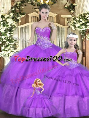 Lilac Sleeveless Beading and Ruffles and Ruching Floor Length Quinceanera Gowns