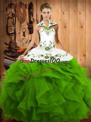 Noble Quinceanera Dresses Military Ball and Sweet 16 and Quinceanera with Embroidery and Ruffles Halter Top Sleeveless Lace Up