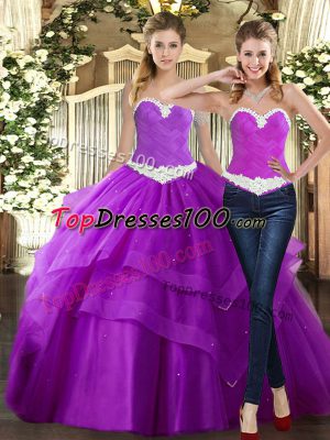 Purple Ball Gowns Tulle Sweetheart Sleeveless Beading and Ruching Floor Length Lace Up Ball Gown Prom Dress
