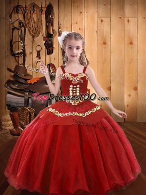 Red Organza Lace Up Kids Formal Wear Sleeveless Floor Length Embroidery and Ruffles