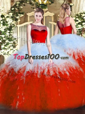 New Style Floor Length White And Red Vestidos de Quinceanera Tulle Sleeveless Ruffles
