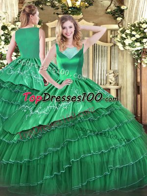 Elegant Turquoise Organza Side Zipper Sweet 16 Quinceanera Dress Sleeveless Floor Length Beading and Embroidery and Ruffled Layers