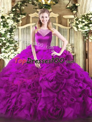 Dramatic Fuchsia Ball Gowns Fabric With Rolling Flowers Scoop Sleeveless Beading Floor Length Side Zipper Quinceanera Dresses