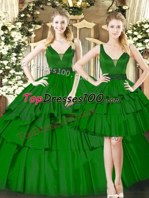 Modest Floor Length Ball Gowns Sleeveless Dark Green Quinceanera Gowns Lace Up