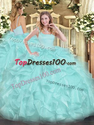 Clearance Ball Gowns Vestidos de Quinceanera Aqua Blue Straps Organza Sleeveless Floor Length Zipper