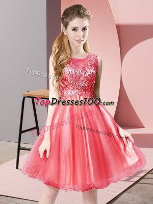 On Sale Coral Red Sleeveless Beading Knee Length Prom Gown