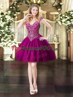 Custom Designed Fuchsia Ball Gowns V-neck Sleeveless Tulle Mini Length Lace Up Beading Prom Dresses