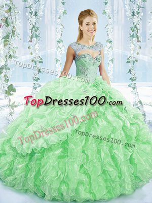 Nice Apple Green Lace Up Sweetheart Beading and Ruching Quince Ball Gowns Organza Sleeveless Brush Train