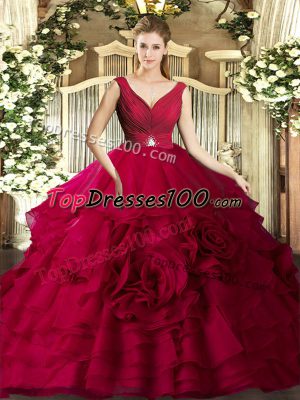 V-neck Sleeveless Backless Quince Ball Gowns Coral Red Organza
