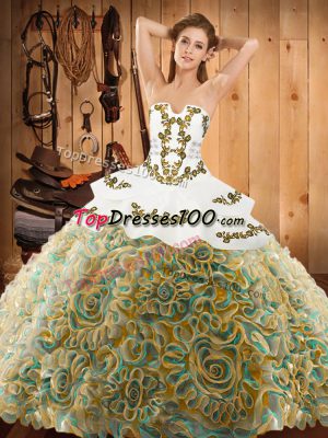 Eye-catching Multi-color Strapless Lace Up Embroidery Sweet 16 Dress Sweep Train Sleeveless