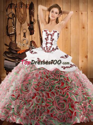 Custom Made Sleeveless Satin and Fabric With Rolling Flowers With Train Sweep Train Lace Up Vestidos de Quinceanera in Multi-color with Embroidery