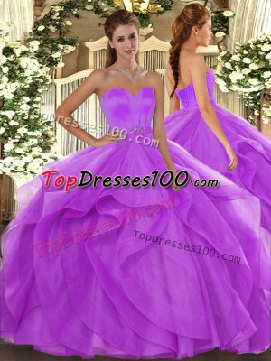 Modest Floor Length Lace Up Vestidos de Quinceanera Lilac for Military Ball and Sweet 16 and Quinceanera with Beading and Ruffles