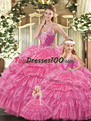 Glamorous Sleeveless Tulle Floor Length Lace Up 15th Birthday Dress in Red with Ruffles and Pick Ups