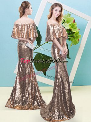 Off The Shoulder Half Sleeves Dress for Prom Floor Length Sequins Gold Sequined