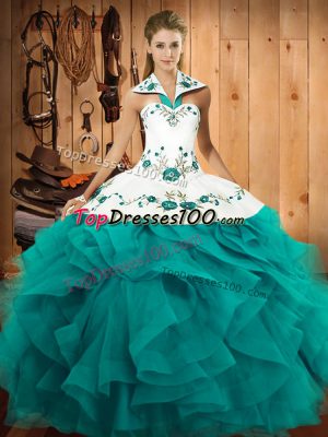 Teal Halter Top Neckline Embroidery and Ruffles Ball Gown Prom Dress Sleeveless Lace Up