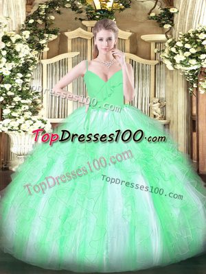 Glittering Spaghetti Straps Sleeveless 15th Birthday Dress Floor Length Ruffles Apple Green Organza