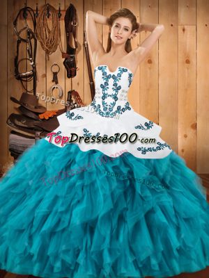 Admirable Teal Satin and Organza Lace Up Strapless Sleeveless Floor Length Vestidos de Quinceanera Embroidery and Ruffles