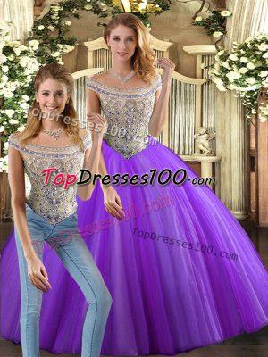 Floor Length Eggplant Purple 15th Birthday Dress Bateau Sleeveless Lace Up