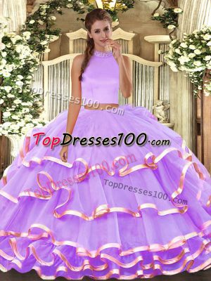 Custom Design Lavender Two Pieces Beading and Ruffled Layers Quinceanera Dress Backless Organza Sleeveless Floor Length