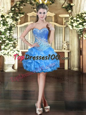 Perfect Baby Blue Ball Gowns Organza Sweetheart Sleeveless Beading and Ruffles Mini Length Lace Up Prom Gown
