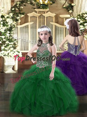 Halter Top Sleeveless Lace Up Party Dress Dark Green Organza