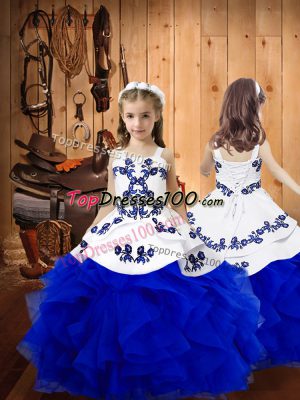 Wonderful Sleeveless Floor Length Embroidery and Ruffles Lace Up Little Girls Pageant Dress Wholesale with Royal Blue