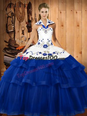 Nice Blue Ball Gowns Organza Halter Top Sleeveless Embroidery and Ruffled Layers Lace Up 15th Birthday Dress Sweep Train