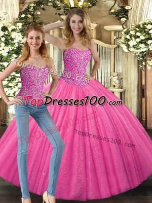 Luxurious Beading Quinceanera Gown Hot Pink Lace Up Sleeveless Floor Length