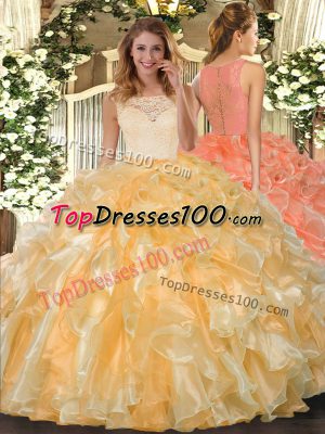 Super Scoop Sleeveless Organza Ball Gown Prom Dress Lace and Ruffles Clasp Handle