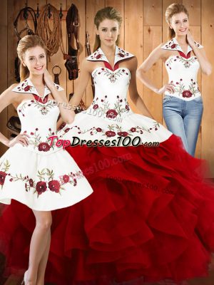 Traditional Wine Red Halter Top Neckline Embroidery and Ruffles Quinceanera Gown Sleeveless Lace Up