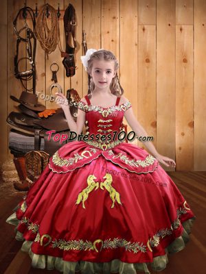 Coral Red Ball Gowns Off The Shoulder Sleeveless Organza and Taffeta Floor Length Lace Up Embroidery Little Girls Pageant Dress