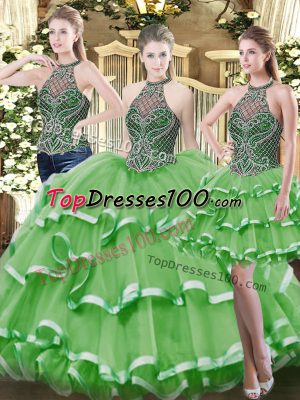 Luxury Green Ball Gowns Organza High-neck Sleeveless Beading and Ruffled Layers Floor Length Lace Up Vestidos de Quinceanera