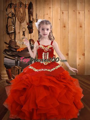 Coral Red Straps Lace Up Embroidery and Ruffles Kids Formal Wear Sleeveless